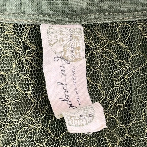 Free People Green Linen Cotton Blend Long Sleeves Army Green Top Lace Bodice - Picture 10 of 11